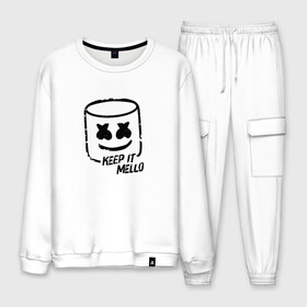 Мужской костюм хлопок с принтом Keep It Mello в Ухте, 100% хлопок | на свитшоте круглая горловина, мягкая резинка по низу. Брюки заужены к низу, на них два вида карманов: два “обычных” по бокам и два объемных, с клапанами, расположенные ниже линии бедра. Брюки с мягкой трикотажной резинкой на поясе и по низу штанин. В поясе для дополнительного комфорта — широкие завязки | marshmallow | marshmello | диджей | маршмэллоу | музыка