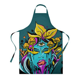 Фартук 3D Девушка трип: в Ухте, 100% полиэстер | общий размер — 65 х 85 см, ширина нагрудника — 26 см, горловина — 53 см, длина завязок — 54 см, общий обхват в поясе — 173 см. Принт на завязках и на горловине наносится с двух сторон, на основной части фартука — только с внешней стороны | галлюцинации | грибы | девушка | космос | синий | цветок | черный