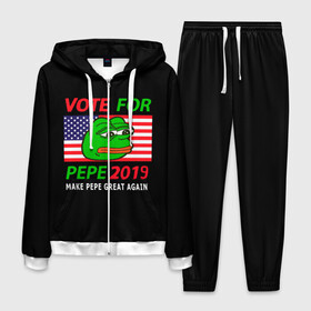Мужской костюм 3D с принтом Vote for pepe в Ухте, 100% полиэстер | Манжеты и пояс оформлены тканевой резинкой, двухслойный капюшон со шнурком для регулировки, карманы спереди | Тематика изображения на принте: bad | dab | frog | good | kek | make pepe great again | pepe | sad | sad frog | vote for pepe | кек | лягушка | мем | мемы | пепе | со смыслом | фрог