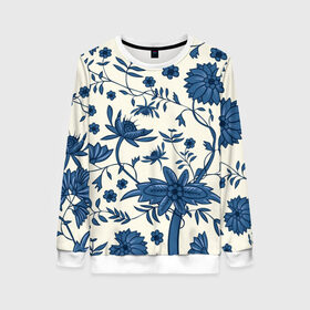 Женский свитшот 3D с принтом Цветочная фантазия в Ухте, 100% полиэстер с мягким внутренним слоем | круглый вырез горловины, мягкая резинка на манжетах и поясе, свободная посадка по фигуре | белый | листья | отпуск | природа | синий | цветы
