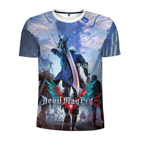 Мужская футболка 3D спортивная с принтом Devil May Cry 5 в Ухте, 100% полиэстер с улучшенными характеристиками | приталенный силуэт, круглая горловина, широкие плечи, сужается к линии бедра | capcom | demon | devil | devil may cry | dmc | game | город | демон | демоны | демоны тоже плачут | игра | меч | слэшер | человек