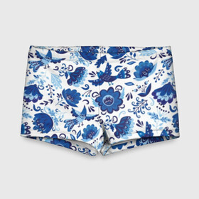 Детские купальные плавки 3D с принтом Гжель в Ухте, Полиэстер 85%, Спандекс 15% | Слитный крой, подклад по переду изделия, узкие бретели | Тематика изображения на принте: abstraction | background | birds | craft | ethnic | fashion | flowers | folk | illust | national | pattern | russia | style | white | абстракция | белый | гжель | графика | иллюстрация | картинка | мода | народный | национальный | орнамент | птицы | рисун