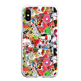 Чехол для iPhone XS Max матовый с принтом Sticker Bombing в Ухте, Силикон | Область печати: задняя сторона чехла, без боковых панелей | supreme | бантик | газировка | деньги | диски | кола | кости | кубик рубика | мода | молодежный | музыка | мульт | наклейка | остороно | пончики | стикер | суприм | тренд | уточка | хаос | череп