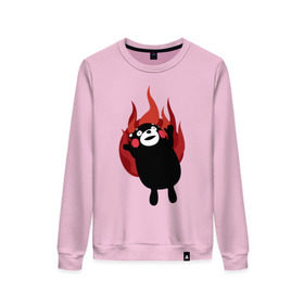 Женский свитшот хлопок с принтом Kumamon в Ухте, 100% хлопок | прямой крой, круглый вырез, на манжетах и по низу широкая трикотажная резинка  | fire | for | glory | hell | japan | of course | ofc | satan | the | иероглифы | кумамон | медведь | огонь | пожар | япония