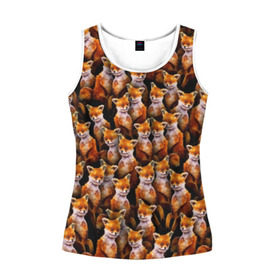 Женская майка 3D с принтом Упоротые лисы в Ухте, 100% полиэстер | круглая горловина, прямой силуэт, длина до линии бедра | fox | животные | лис | лиса | лисичка | мем | паттрен | рыжий | толпа | упортый | фыр фыр