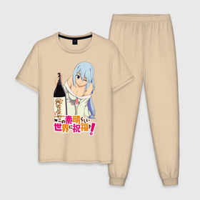 Мужская пижама хлопок с принтом KonoSuba. Аква в Ухте, 100% хлопок | брюки и футболка прямого кроя, без карманов, на брюках мягкая резинка на поясе и по низу штанин
 | aqua | kono suba | konosuba | аква | аниме | богиня благославляет этот прекрасный мир | да будет благословенен этот прекрасный мир | коно суба | коносуба | манга