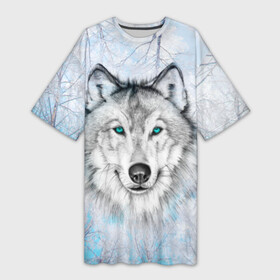 Платье-футболка 3D с принтом Волк в Ухте,  |  | берёзы | волчара | глаза | зима | лес | матёрый | небо | собака | хищник