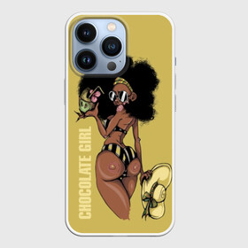 Чехол для iPhone 13 Pro с принтом Chocolate girl в Ухте,  |  | Тематика изображения на принте: africa | african | beautiful | big | black | chocolate | cocktail | exotic | girl | hat | look | round | slim | sunny | turn | африка | большие | взгляд | девушка | держит | коктейль | красивая | круглы | купальник | надпись | очки | полосатый |