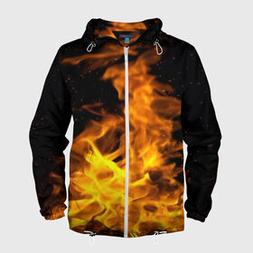 Мужская ветровка 3D с принтом ОГОНЬ С ИСКРАМИ в Ухте, 100% полиэстер | подол и капюшон оформлены резинкой с фиксаторами, два кармана без застежек по бокам, один потайной карман на груди | 