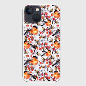 Чехол для iPhone 13 mini с принтом Снегири в Ухте,  |  | Тематика изображения на принте: art | berries | bullfinch | cocoons | cotton | nature | painting | plants | red | watercolor | winter birds | акварель | живопись | зимние | искусство | коконы | красные | природа | птицы | растения | снегири | хлопок | ягоды