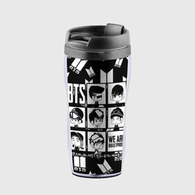 Термокружка-непроливайка с принтом BTS WE ARE BULLETPROOF в Ухте, внутренняя часть — пищевой пластик, наружная часть — прозрачный пластик, между ними — полиграфическая вставка с рисунком | объем — 350 мл, герметичная крышка | Тематика изображения на принте: bangtan | boy | j hope | jimin | jin | jungkook | korea | luv | rm | suga | v | with | бтс | кей | поп
