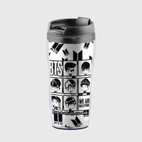 Термокружка-непроливайка с принтом BTS WE ARE BULLETPROOF в Ухте, внутренняя часть — пищевой пластик, наружная часть — прозрачный пластик, между ними — полиграфическая вставка с рисунком | объем — 350 мл, герметичная крышка | Тематика изображения на принте: bangtan | boy | j hope | jimin | jin | jungkook | korea | luv | rm | suga | v | with | бтс | кей | поп