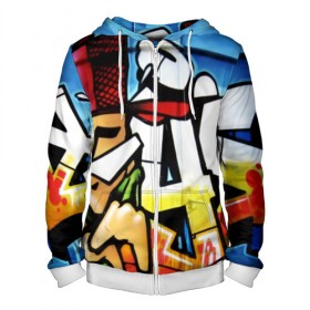Мужская толстовка 3D на молнии с принтом ИСКУССТВО УЛИЦ в Ухте, 100% полиэстер | длина до линии бедра, манжеты и пояс оформлены мягкой тканевой резинкой, двухслойный капюшон со шнурком для регулировки, спереди молния, по бокам два кармана | grafiti | paint | street art | urban | город | граффити | искусство | кирпичи | краски | рисунки | стена | улицы | уличное искусство