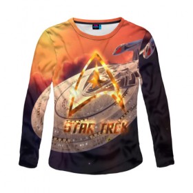 Женский лонгслив 3D с принтом Звездный путь в Ухте, 100% полиэстер | длинные рукава, круглый вырез горловины, полуприлегающий силуэт | captain | chekov | chris | discovery | enterprise | khan | kirk | ncc | pine | spock | star | trek | джеймс | дискавери | капитан | кирк | спок | стартрек