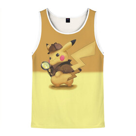 Мужская майка 3D с принтом Пикачу Детектив в Ухте, 100% полиэстер | круглая горловина, приталенный силуэт, длина до линии бедра. Пройма и горловина окантованы тонкой бейкой | Тематика изображения на принте: detective pikachu | pikachu | pokemon | детектив пикачу | пика | покемон