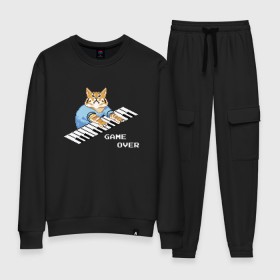 Женский костюм хлопок с принтом IT CROWD 8 bit cat в Ухте, 100% хлопок | на свитшоте круглая горловина, мягкая резинка по низу. Брюки заужены к низу, на них два вида карманов: два 