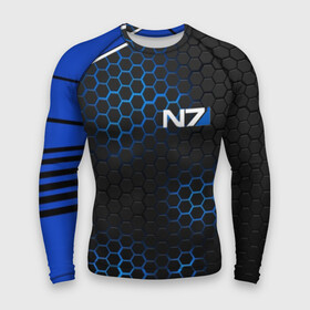 Мужской рашгард 3D с принтом MASS EFFECT N7 | МАСС ЭФФЕКТ Н7 в Ухте,  |  | blue | n7 | neon | броня | костюм | масс эффект | н7 | неон | синий | соты | стальная броня | стальные соты | шепард