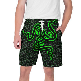 Мужские шорты 3D с принтом RAZER в Ухте,  полиэстер 100% | прямой крой, два кармана без застежек по бокам. Мягкая трикотажная резинка на поясе, внутри которой широкие завязки. Длина чуть выше колен | game | razer | texture | зеленый | игровое лого | игромания | игры | рэйзер | текстуры