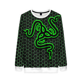 Женский свитшот 3D с принтом RAZER в Ухте, 100% полиэстер с мягким внутренним слоем | круглый вырез горловины, мягкая резинка на манжетах и поясе, свободная посадка по фигуре | game | razer | texture | зеленый | игровое лого | игромания | игры | рэйзер | текстуры