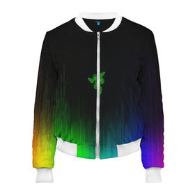 Женский бомбер 3D с принтом RAZER NEON в Ухте, 100% полиэстер | застегивается на молнию, по бокам два кармана без застежек, мягкие манжеты, по низу бомбера и на воротнике — эластичная резинка | game | razer | texture | зеленый | игровое лого | игромания | игры | рэйзер | текстуры