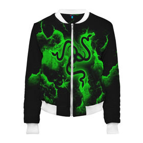 Женский бомбер 3D с принтом RAZER в Ухте, 100% полиэстер | застегивается на молнию, по бокам два кармана без застежек, мягкие манжеты, по низу бомбера и на воротнике — эластичная резинка | game | razer | texture | зеленый | игровое лого | игромания | игры | рэйзер | текстуры