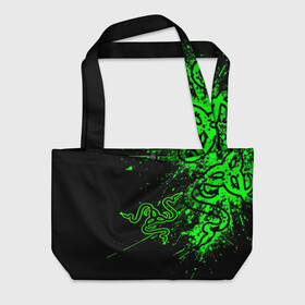 Пляжная сумка 3D с принтом RAZER в Ухте, 100% полиэстер | застегивается на металлическую кнопку; внутренний карман застегивается на молнию. Стенки укреплены специальным мягким материалом, чтобы защитить содержимое от несильных ударов
 | game | razer | texture | зеленый | игровое лого | игромания | игры | рэйзер | текстуры