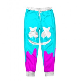 Мужские брюки 3D с принтом MARSHMELLO в Ухте, 100% полиэстер | манжеты по низу, эластичный пояс регулируется шнурком, по бокам два кармана без застежек, внутренняя часть кармана из мелкой сетки | Тематика изображения на принте: colors | dj | marshmello | paints | usa | америка | брызги | клубная музыка | краска | маршмелло | музыка | музыкант