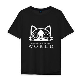 Мужская футболка хлопок Oversize с принтом MONSTER HUNTER CAT в Ухте, 100% хлопок | свободный крой, круглый ворот, “спинка” длиннее передней части | Тематика изображения на принте: monster hunter cat | monster hunter cats | monster hunter: world | monster hunter: world   hunt em all | monster hunter: world cat | monster hunter: world hunters.