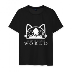 Мужская футболка хлопок с принтом MONSTER HUNTER CAT в Ухте, 100% хлопок | прямой крой, круглый вырез горловины, длина до линии бедер, слегка спущенное плечо. | Тематика изображения на принте: monster hunter cat | monster hunter cats | monster hunter: world | monster hunter: world   hunt em all | monster hunter: world cat | monster hunter: world hunters.