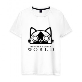 Мужская футболка хлопок с принтом MONSTER HUNTER CAT в Ухте, 100% хлопок | прямой крой, круглый вырез горловины, длина до линии бедер, слегка спущенное плечо. | Тематика изображения на принте: monster hunter cat | monster hunter cats | monster hunter: world | monster hunter: world   hunt em all | monster hunter: world cat | monster hunter: world hunters.