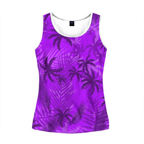 Женская майка 3D с принтом ФИОЛЕТОВЫЕ ПАЛЬМЫ / ТРОПИКИ в Ухте, 100% полиэстер | круглая горловина, прямой силуэт, длина до линии бедра | hotline miami | neon | new retro wave | outrun | outrun electro | paints | palmen | rainbow | retro | retrowave | summer | synth | synthwave | tropical | брызги | брызги красок | звёзды | космос | краски | лето | неон | пальмы | радуга | 