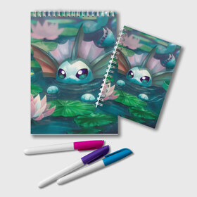 Блокнот с принтом Vaporeon в Ухте, 100% бумага | 48 листов, плотность листов — 60 г/м2, плотность картонной обложки — 250 г/м2. Листы скреплены удобной пружинной спиралью. Цвет линий — светло-серый
 | Тематика изображения на принте: detective pikachu | pikachu | pokeball | pokemon | детектив пикачу | пикачу | покебол | покемон