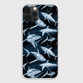 Чехол для iPhone 12 Pro Акулы : в Ухте, силикон | область печати: задняя сторона чехла, без боковых панелей | abyss | background | black | blue | bubbles | color | danger | depth | fin | mu | nature | ocean | predator | sea | shark | sharp | tail | teeth | акула | бездна | водоросли | глубина | зубы | море | океан | опасность | острые | плавник