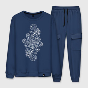 Мужской костюм хлопок с принтом Красивый цветок в Ухте, 100% хлопок | на свитшоте круглая горловина, мягкая резинка по низу. Брюки заужены к низу, на них два вида карманов: два “обычных” по бокам и два объемных, с клапанами, расположенные ниже линии бедра. Брюки с мягкой трикотажной резинкой на поясе и по низу штанин. В поясе для дополнительного комфорта — широкие завязки | Тематика изображения на принте: гжель | узоры | хохлома | цветы