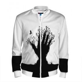 Мужской бомбер 3D с принтом Дерево в Ухте, 100% полиэстер | застегивается на молнию, по бокам два кармана без застежек, по низу бомбера и на воротнике - эластичная резинка | Тематика изображения на принте: bird | branches | ground | hand | leafs | tree | ветки | дерево | земля | листья | птица | рука