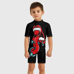 Детский купальный костюм 3D с принтом Вампир в Ухте, Полиэстер 85%, Спандекс 15% | застежка на молнии на спине | fangs | green | lipstick | mouth | piercing | predator | punk | red | ring | teeth | tongue | vampire | вампир | зелёный | зубы | клыки | кольцо | красный | панк | пирсинг | помада | рот | хищник | язык