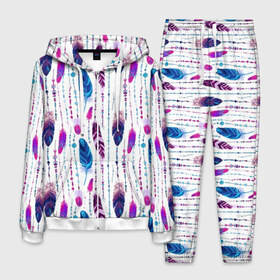 Мужской костюм 3D с принтом Перья в Ухте, 100% полиэстер | Манжеты и пояс оформлены тканевой резинкой, двухслойный капюшон со шнурком для регулировки, карманы спереди | Тематика изображения на принте: beads | bird | blue | boho | bright | circles | cornflower | decorations | ethnic | feathers | flower | flying | hippie | pink | points | purple | бохо | бусы | василек | круги | лиловый | перья | полет | птица | розовый | синий | точки | украше