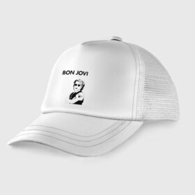 Детская кепка тракер с принтом Bon Jovi в Ухте, Козырек - 100% хлопок. Кепка - 100% полиэстер, Задняя часть - сетка | универсальный размер, пластиковая застёжка | bon jovi | альбом | арена | бон | бон джови | глэм | группа | джови | джон | метал | музыка | надпись | песни | поп | попрок | рок | рокер | смайл | солист | софт | стена | хард | хеви | хевиметал
