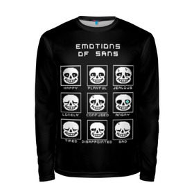 Мужской лонгслив 3D с принтом Emotions of sans в Ухте, 100% полиэстер | длинные рукава, круглый вырез горловины, полуприлегающий силуэт | Тематика изображения на принте: alphys | animation | asriel | comic dub | comic dubs | deltarune | gaming | toriel | undertale | андертеил | история | подземная | фриск | чай тв | чара