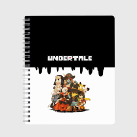 Тетрадь с принтом UNDERTALE в Ухте, 100% бумага | 48 листов, плотность листов — 60 г/м2, плотность картонной обложки — 250 г/м2. Листы скреплены сбоку удобной пружинной спиралью. Уголки страниц и обложки скругленные. Цвет линий — светло-серый
 | frisk | game | good jokes | sans | undertale | андертал | андертейл | асгор | дримур | дримурр | игра | игры | кости | логотип | надпись | папирус | подземелье | санс | сердечко | сердце | стрим | ториэль | ужас | флауи | фриск
