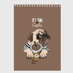 Скетчбук с принтом It`s time for coffee в Ухте, 100% бумага
 | 48 листов, плотность листов — 100 г/м2, плотность картонной обложки — 250 г/м2. Листы скреплены сверху удобной пружинной спиралью | attractive face | breed | chocolate | coffee | cream | cute | dog | glance | motto | paws | pug | slogan | text | взгляд | девиз | кофе | кремовый | лапы | милый | мопс | пёс | порода | слоган | собака | текст | шоколадный