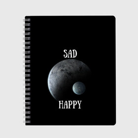 Тетрадь с принтом Sad Happy в Ухте, 100% бумага | 48 листов, плотность листов — 60 г/м2, плотность картонной обложки — 250 г/м2. Листы скреплены сбоку удобной пружинной спиралью. Уголки страниц и обложки скругленные. Цвет линий — светло-серый
 | Тематика изображения на принте: jesus | rap | грустный | джизус | джизус возрождение | джизус рэпер | джизус ты ювелир | мерч | музыка | реп | рэп | счастливый