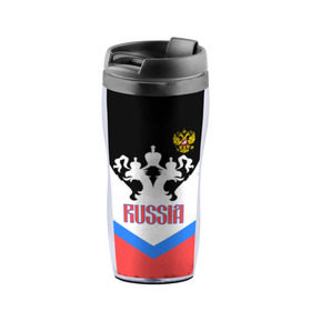 Термокружка-непроливайка с принтом HOCKEY RUSSIA в Ухте, внутренняя часть — пищевой пластик, наружная часть — прозрачный пластик, между ними — полиграфическая вставка с рисунком | объем — 350 мл, герметичная крышка | Тематика изображения на принте: hockey | russia | sport | герб | надписи | россия | сборная хоккея | символика | спорт | спортсмен | триколор | форма | хоккей | чемпионат | я русский