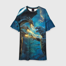 Детское платье 3D с принтом ГОДЗИЛЛА  в Ухте, 100% полиэстер | прямой силуэт, чуть расширенный к низу. Круглая горловина, на рукавах — воланы | Тематика изображения на принте: godzilla | king of the monsters | годзила | годзилла 2 | король монстров