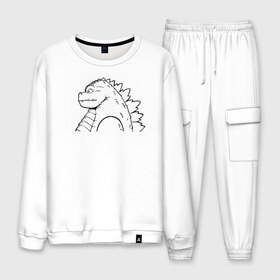 Мужской костюм хлопок с принтом Годзилла в Ухте, 100% хлопок | на свитшоте круглая горловина, мягкая резинка по низу. Брюки заужены к низу, на них два вида карманов: два “обычных” по бокам и два объемных, с клапанами, расположенные ниже линии бедра. Брюки с мягкой трикотажной резинкой на поясе и по низу штанин. В поясе для дополнительного комфорта — широкие завязки | godzilla | king of the monsters | годзила | годзилла 2 | король монстров