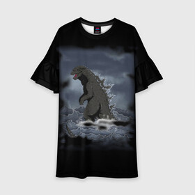 Детское платье 3D с принтом Годзилла  в Ухте, 100% полиэстер | прямой силуэт, чуть расширенный к низу. Круглая горловина, на рукавах — воланы | Тематика изображения на принте: godzilla | king of the monsters | годзила | годзилла 2 | король монстров | фильмы