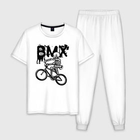 Мужская пижама хлопок с принтом BMX в Ухте, 100% хлопок | брюки и футболка прямого кроя, без карманов, на брюках мягкая резинка на поясе и по низу штанин
 | Тематика изображения на принте: bike | bmx | bones | extreme | skeleton | skull | sport | велосипед | скелет | спорт | череп | экстрим