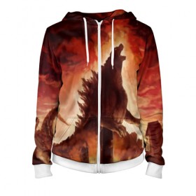 Женская толстовка 3D на молнии с принтом GODZILLA в Ухте, 100% полиэстер | длина до линии бедра, манжеты и пояс оформлены мягкой тканевой резинкой, двухслойный капюшон со шнурком для регулировки, спереди молния, по бокам два кармана | godzilla | king of the monsters | годзила | годзилла 2 | король монстров | фильмы