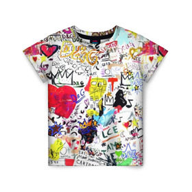 Детская футболка 3D с принтом DG paint в Ухте, 100% гипоаллергенный полиэфир | прямой крой, круглый вырез горловины, длина до линии бедер, чуть спущенное плечо, ткань немного тянется | Тематика изображения на принте: art | dg | dolcegabbana | font | graffity | heart | paint | trend | абстракция | краска | надписи | рисунок | сердце | шрифт
