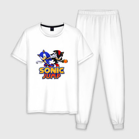 Мужская пижама хлопок с принтом SONIC JUMP в Ухте, 100% хлопок | брюки и футболка прямого кроя, без карманов, на брюках мягкая резинка на поясе и по низу штанин
 | hedgehog | metal sonic | silver | silver the hedgehog | sonic | sonic boom | sonic the hedgehog | ёж сонник | игры | соник | фильмы
